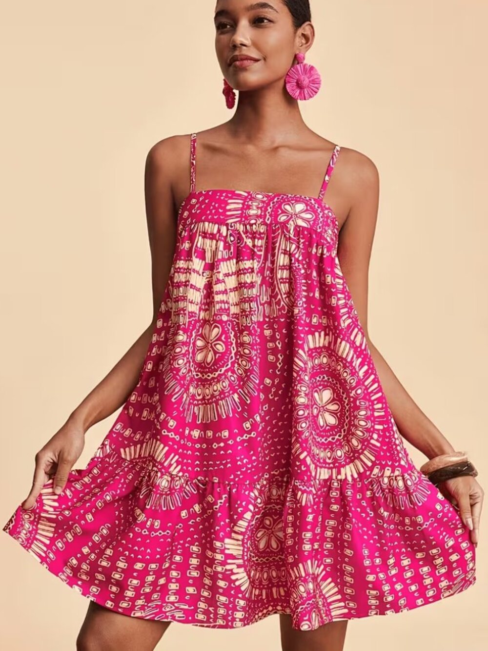 Pink Printed Mini Sundress with Spaghetti Straps